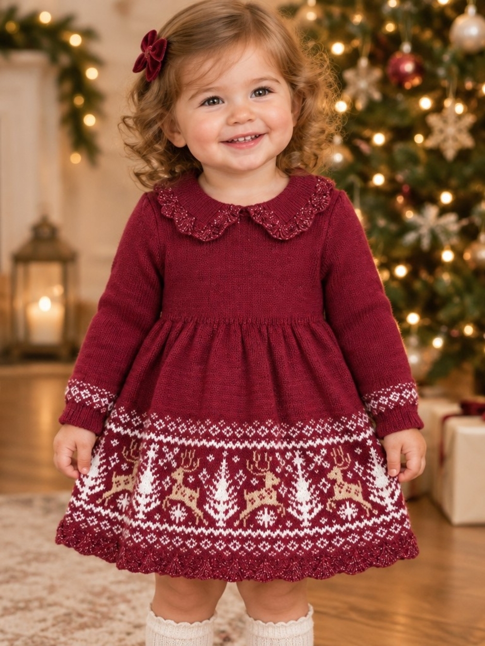 Max Studio Burgundy Knit Holiday Dress with Reindeer Motif Sz 24M